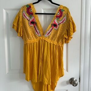 Free People Yellow Embroidered Boho Top